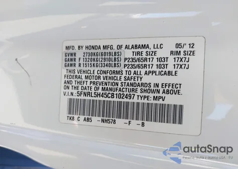 2012 Honda Odyssey Ex from USA, damaged, VIN 5FNRL5H45CB102497